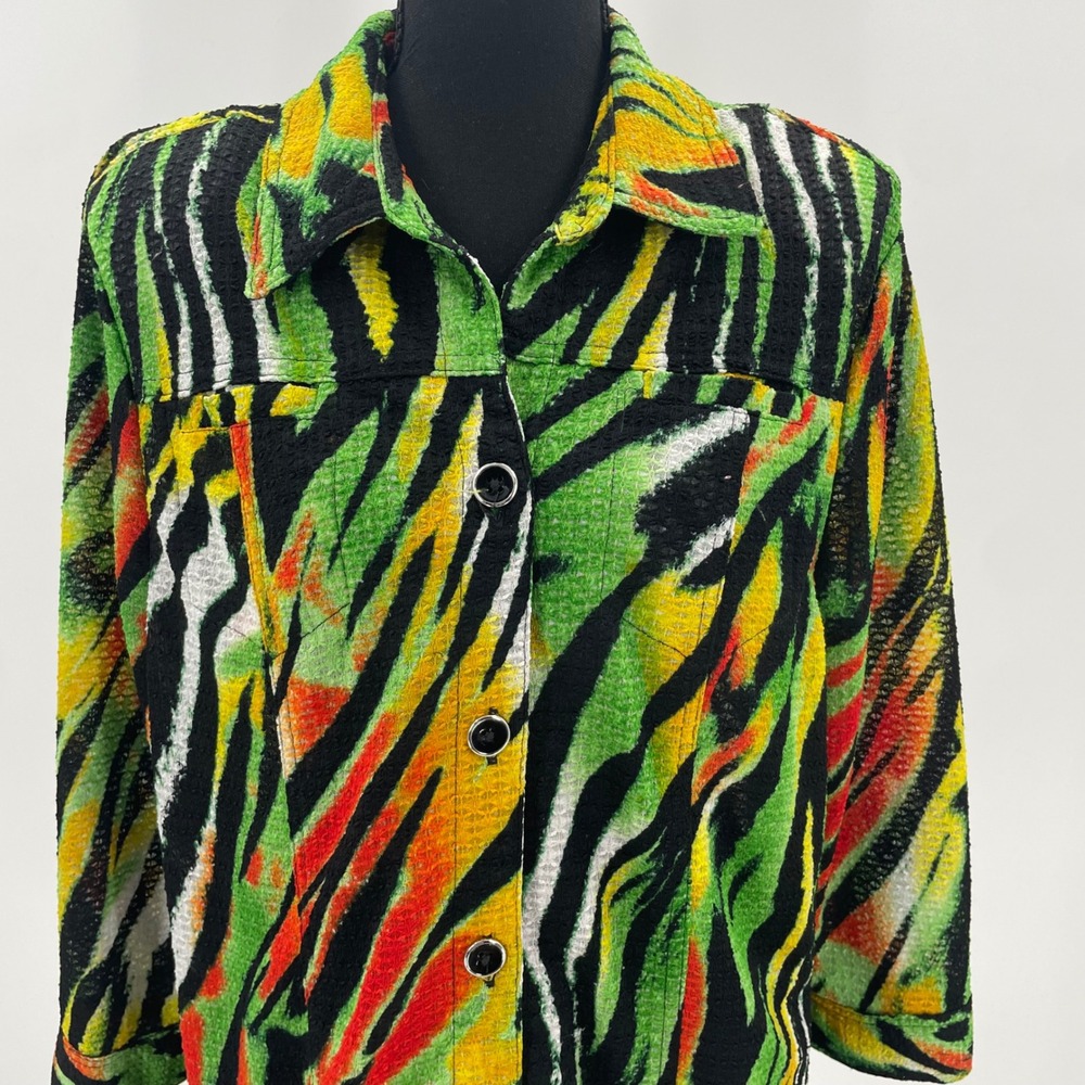 Southern Lady Green Zebra Animal Print Honeycomb  Button Up Jacket Size L - Picture 2 of 10